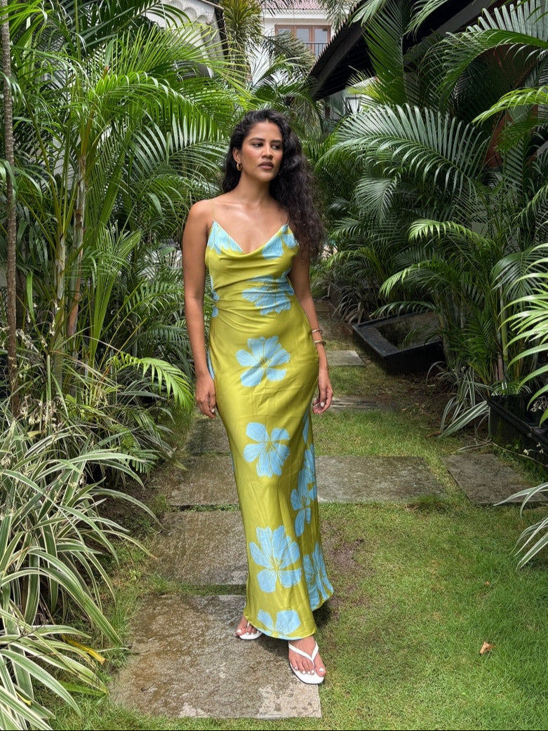 Chic Green Floral Satin Dress Moana Slip Dress1