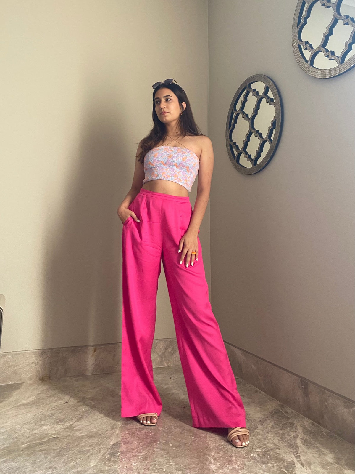 Pink Halter Wrap Top And Palazzo Satin Pants Set  Dusty pink outfits, Satin  wrap top, High waisted wide leg pants