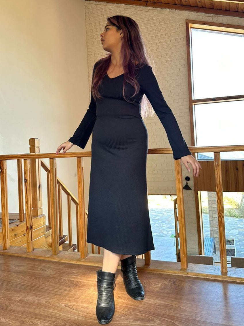 V-Neck Ribbed Dress - Lazo Store