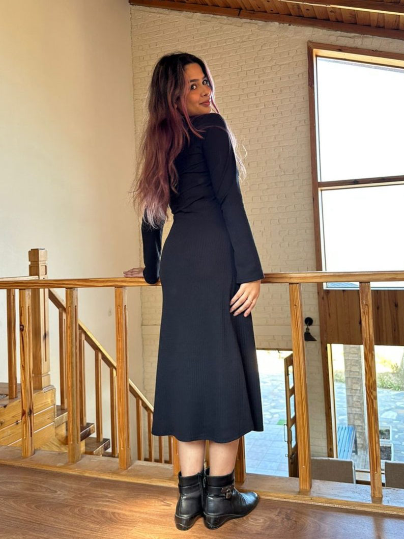 V-Neck Ribbed Dress - Lazo Store
