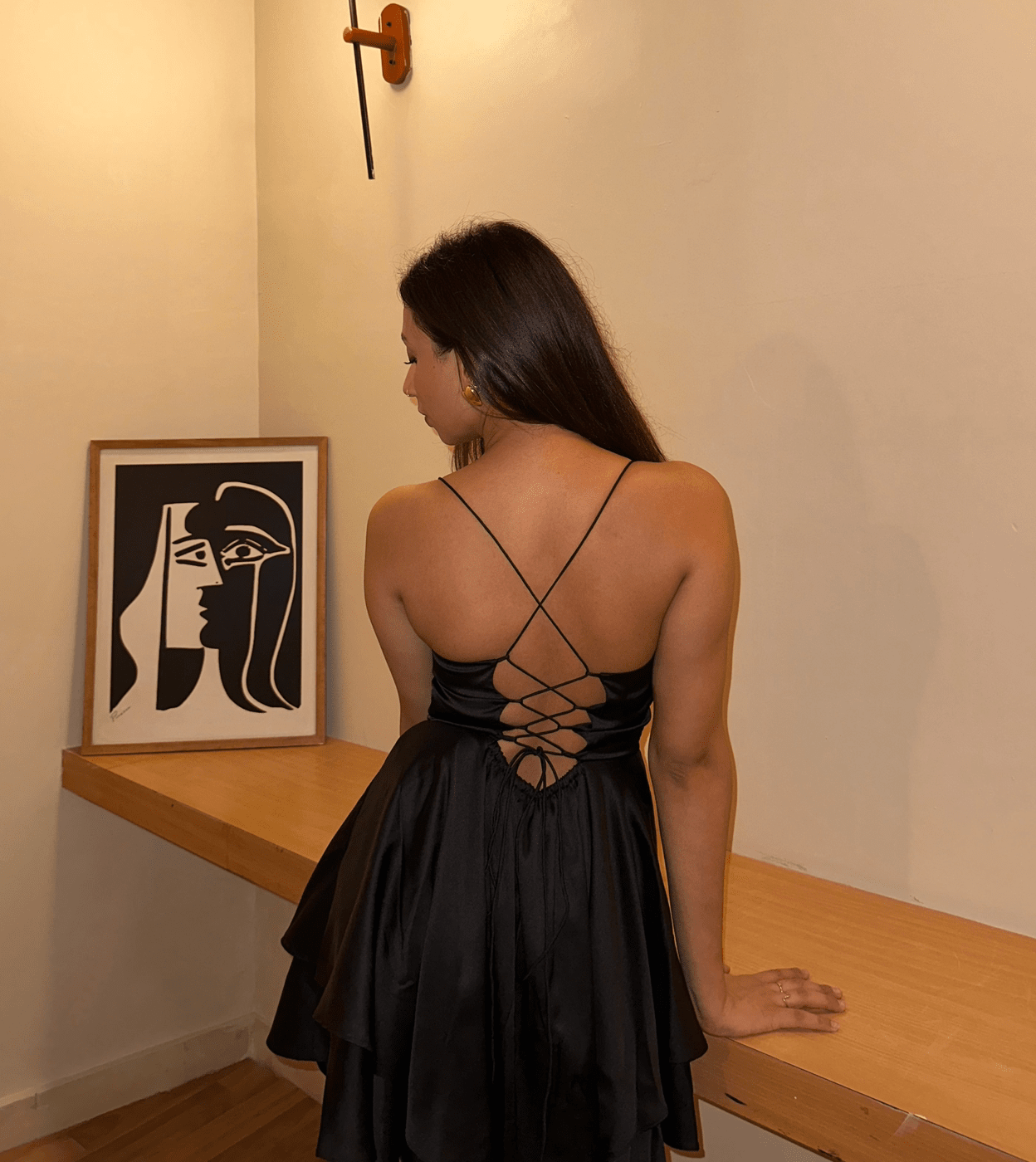 black short backless dress LARISA STRAP MINI Sleeveless 6 Black satin short dress