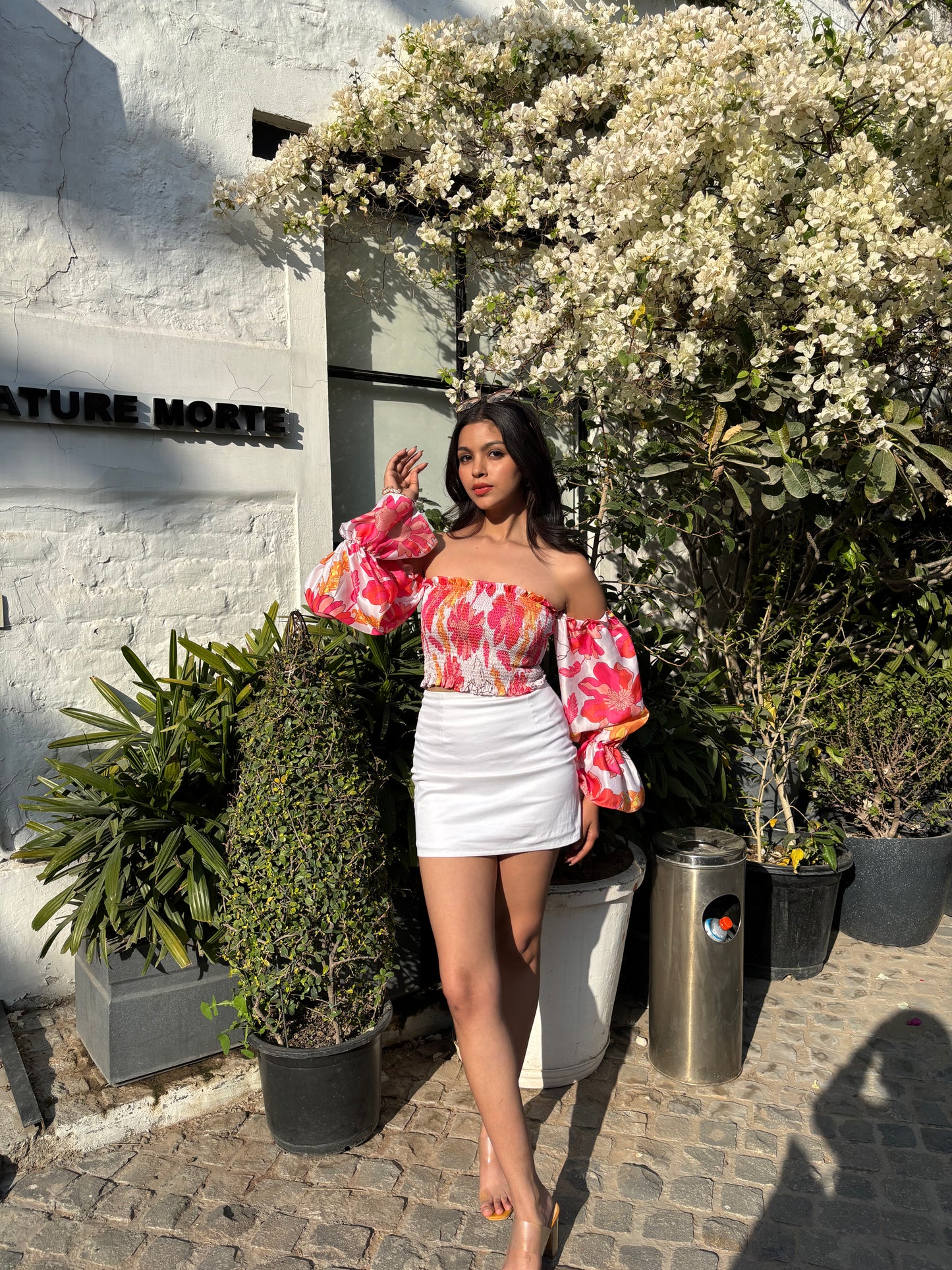 Bare Shoulder Shoulder Off Blouses Long Sleeve Pink Cold Shoulder